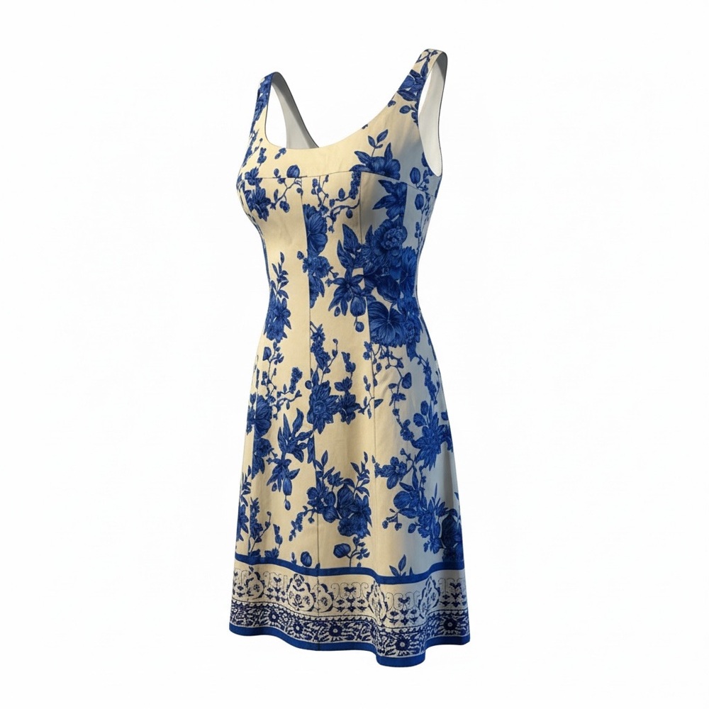 Jones Wear Blue Floral Border Print Fit Flare Dress Size 14